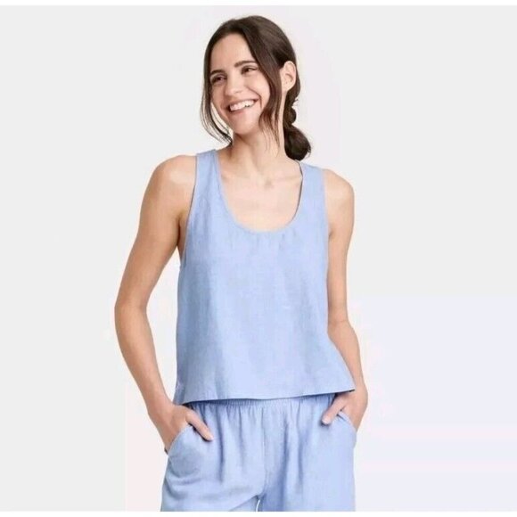 Stars Above Womens Tank Top Blue Chambray XXL Linen Rayon Pajama Shirt Racerback - Picture 1 of 7